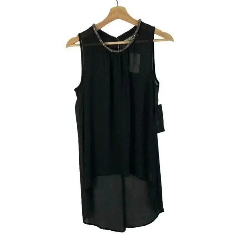 Chloe K Black Silver Beaded Round Neck Sleeveless Blouse L